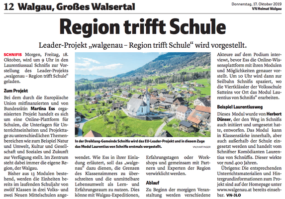 Walgenau° - Eine Region trifft Schule I Vorarlberger Nachrichten (Oktober 2019)