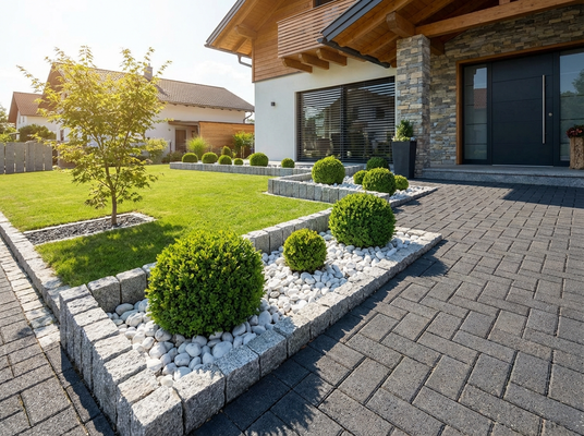Sauber gepflasterter Eingangsbereich mit dunklen Betonverbundsteinen und dekorativer Kies-Einfassung