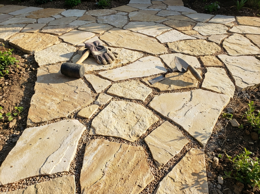 Verlegung von unregelmäßigen Natursteinplatten (Polygonplatten) für eine mediterrane Terrassengestaltung in Tirol