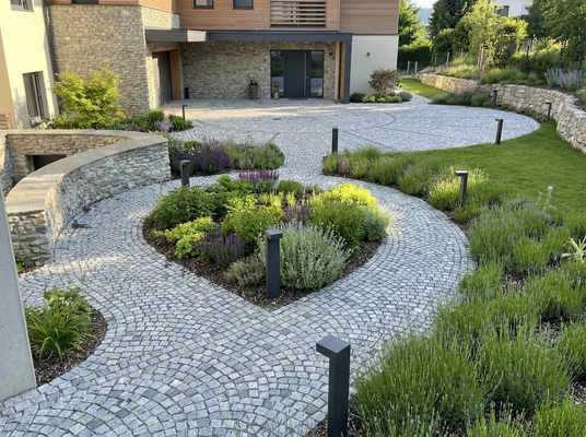 Geschwungene Gartenweg-Gestaltung mit Granitpflaster und integrierter LED-Beleuchtung im Tiroler Unterland