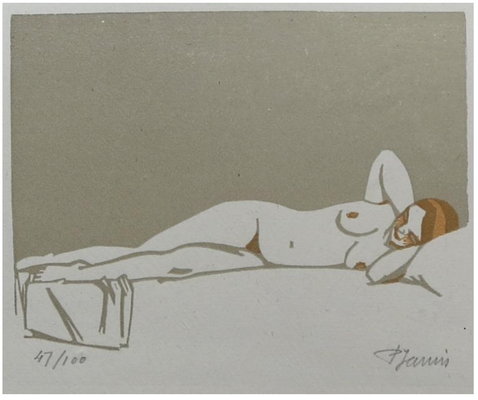 Janin, nu couché, bois deux tons, 14,6 x 12, sans date