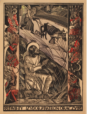 Saint Isidore,; bois en couleurs, 35,4x 26,5, 1924