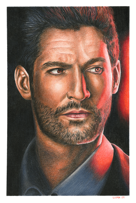 Lucifer (Tom Ellis), crayons de couleurs, A4, 2021