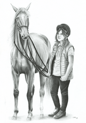 [commande] Cavalière et cheval, crayons graphite, A4, 2021