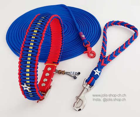 Bild 1 / Art.-Nr. : 6078-1  FCB Halsband (4cm breit) 48cm-57cm CHF 43.-, Handschlaufe 36cm lang CHF 20.-, 10m Schleppleine (6mm) CHF 30.-      Total Preis: CHF 93.-