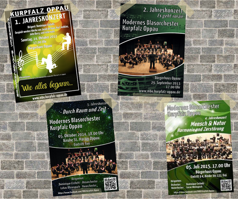 Die Plakate zu den ersten zehn Jahreskonzerten des Modernen Blasorchesters Oppau (MBO). Bildrechte: MBO