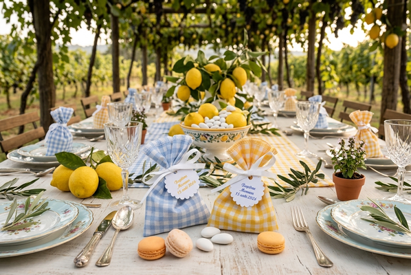 table de mariage dolce vita avec citron jaune et pochons dragées vichy bleu ciel jaune et jaune