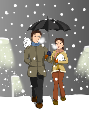 雪降る中でのお出掛けイラスト