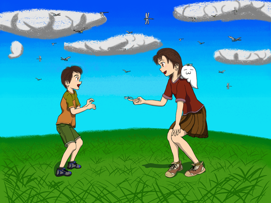 トンボが飛び交う丘イラスト