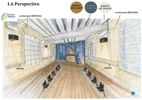 perspective salle de réunion, boiserie bleu profond, Azay sur Cher 37,   Isabelle Mourcely, décoratrice UFDI à Tours 37000 et Chinon 37500. 
