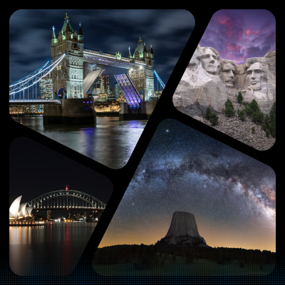 London Bridge, Sydney Opera House at night, Mato Tipila (Devil's Tower) and Mount Rushmore