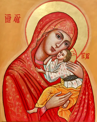 Maria mit Kind.Eitempera,Blattgold auf Holz. 26×32×3