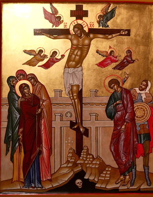 Kreuzigung Christi./Nach Dionisij.15 J.h./Eitempera und Blattgold auf Holz. 39×41×3cm