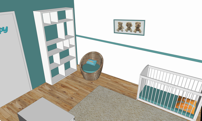 Rénovation d'une maison en pierre. Projet 3D pour la chambre d'enfants. Bleu, blanc, bois clair et textiles chaleureux.