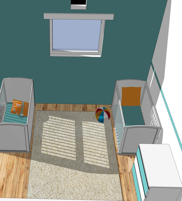 Rénovation d'une maison en pierre. Projet 3D pour la chambre d'enfants. Bleu, blanc, bois clair et textiles chaleureux.