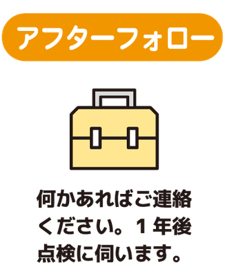 アフターフォロー　何かあればご連絡ください。1年後点検に伺います。