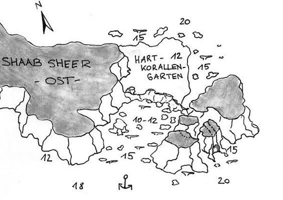 Shab Shear Ost, Korallengarten, Wrack, wettergeschützter Tauchplatz,