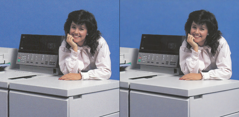 Si l'intelligence artificielle arrive à magnifier le visage sur cette publicité Xerox des années 80, elle laisse tout de même un peu de grain de l'impression magazine sur le reste de l'image.