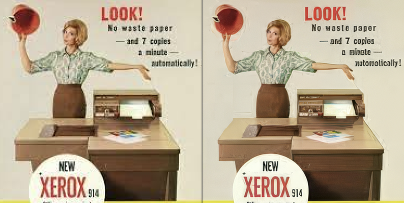 Reconstitution de l'image d'une publicité Xerox : l'intelligence artificielle n'arrive pas à recréer le texte (qui sera à réincorporer) et laisse quelques éléments parasites (à effacer dans Photoshop).