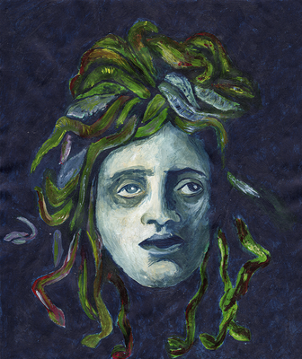 Marcel van Beek | Das Haupt der Medusa nach Böcklin | Acryl auf Papier | 26x21cm | 2012