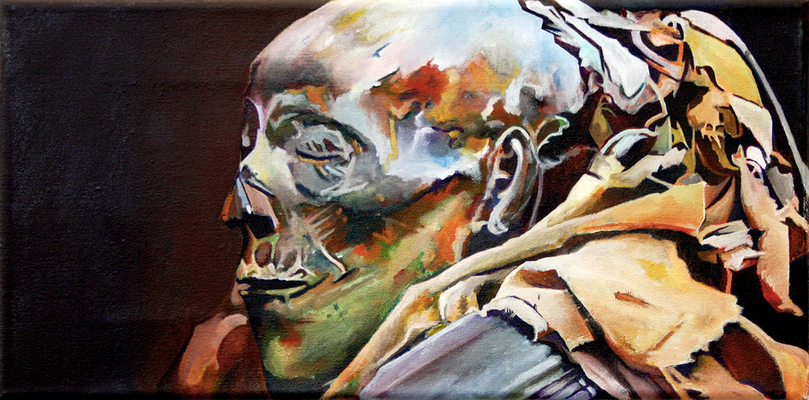 Marcel van Beek: »Mumie I« | Acryl auf Leinwand im Schattenfugenrahmen| 20 x 40 cm | 2014 | Privatsammlungz