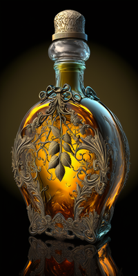 bouteille en filigrane pleine de liquide ambré, photoréaliste, détaillée