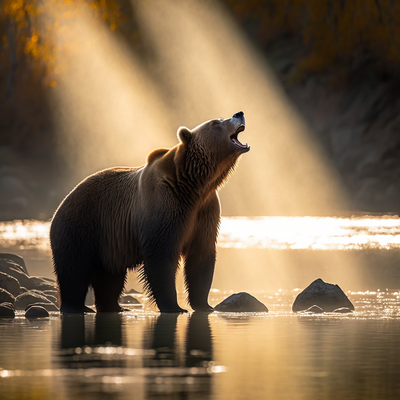 grizzly canadien rugissant, rivière, soleil, 500mm f/2.8