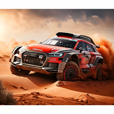 voiture Audi S1 du futur, livré rally, réaliste, rally Dakar, dérapage, sable 