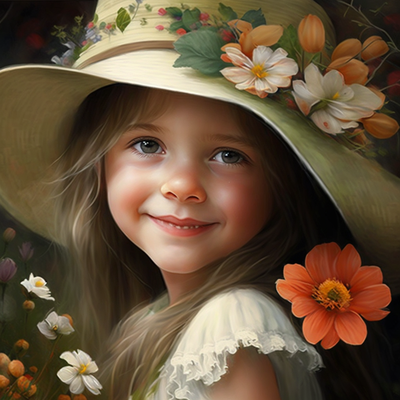 Dessin animé, Sarah Kay, Petite fille naturelle, sourire, fleurs sur chapeau