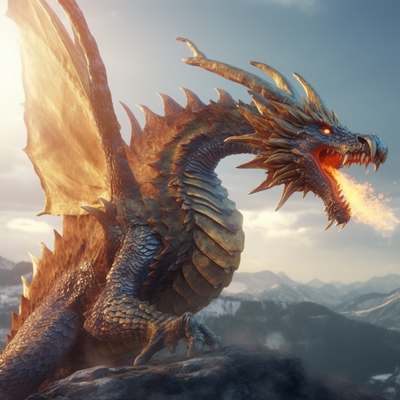 un dragon aux écailles brillantes crachant du feu, ciel ensoleillé