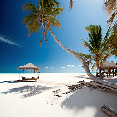 paysage tropical avec une plage de sable blanc, des palmiers, un ciel bleu clair et une mer calme et transparente, une cabane en bois avec un toit de chaume sur la plage, la lumière du soleil se reflète légèrement sur l'eau, quelques nuages blancs se trou