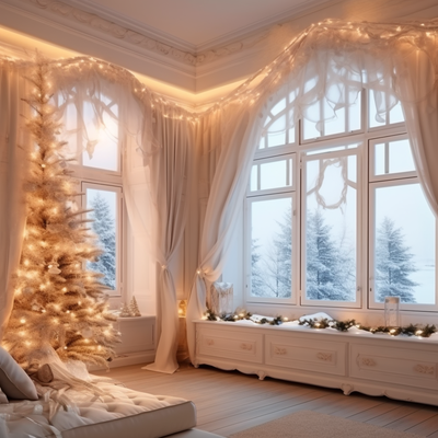 noël, grande fenêtre avec de la neige à l'extérieur, intérieur de lumière blanche, chaleureux et confortable 