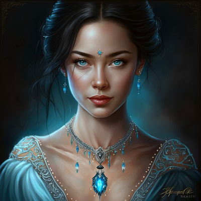 Belle princesse, regard envoûtant, sourire, collier topaze bleue, cheveux noirs, par Ziani