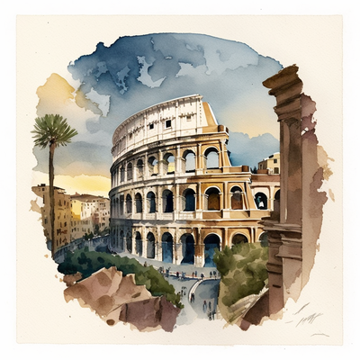 Vue du ciel, Colisée, Rome, aquarelle
