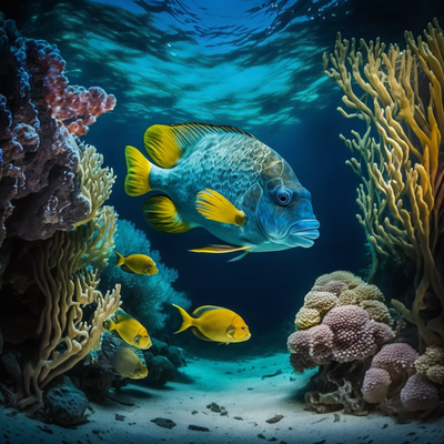 vue sous-marine coraux, récif, poisson, photo réaliste, bleu, jaune