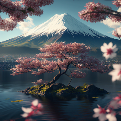 Mont Fuji, fleurs de cerisier japonais, réaliste, rendu corona