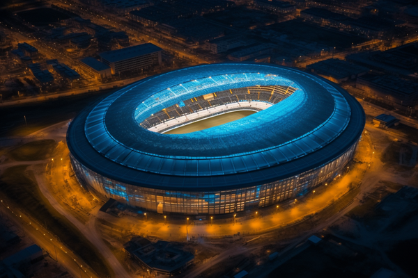 photo aérienne d'un stade de football la nuit, très moderne, coupe du monde, dans un style bronze clair et bleu ciel