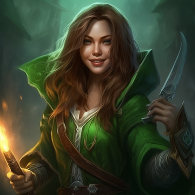 personnage féminin de world of warcraft dans une cape verte, sourire, cheveux bruns ...