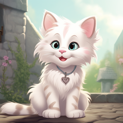 adorable chaton aux cheveux longs souriant fièrement à la caméra, style animation