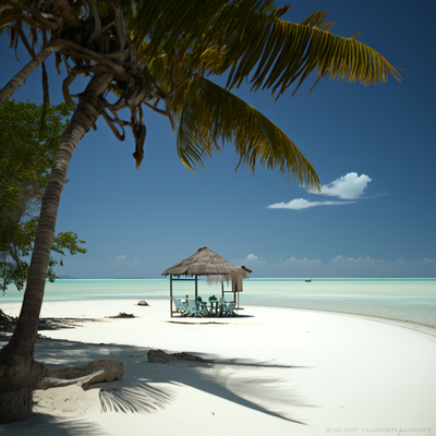 paysage tropical avec une plage de sable blanc, des palmiers, un ciel bleu clair et une mer calme et transparente, une cabane en bois avec un toit de chaume sur la plage, la lumière du soleil se reflète légèrement sur l'eau, quelques nuages blancs