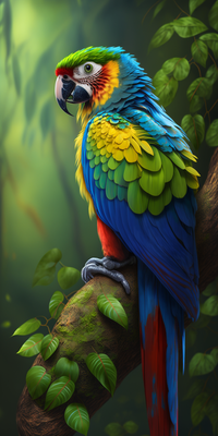 Beau perroquet, couleurs vives, vert, bleu, jaune, rouge, dans la jungle, lumineux, rendu corona