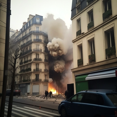 Effondrement d'un immeuble à Paris après une explosion, bonne luminosité, flammes, feu, fumée.  