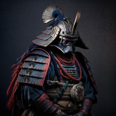 Samouraï prêt à attaquer, de face, photo hyperréaliste, couleur, rouge, bleu