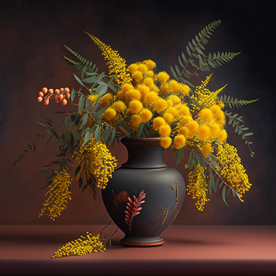 bouquet de fleurs, mimosa, dans un vase en grès, fleurs et feuilles