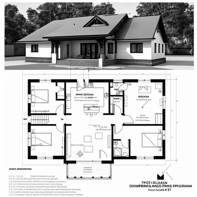 plan de maison de trois chambres, dessin 2D, plan noir et blanc