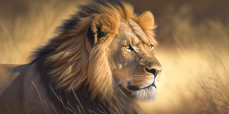 lion dans la savane, soleil, photoréaliste, 500mm f/2.8,