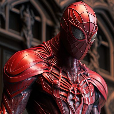 milieu du corps, grand angle, magnifique spider-man en costume de cuir, filigrane gravé rouge serré