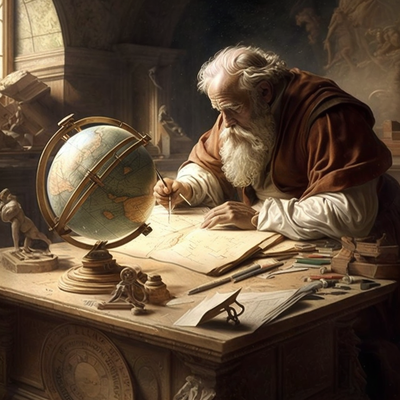 mathématicien grec ancien à son bureau, globe terrestre, boussole