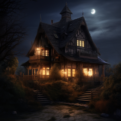 la maison des sorcières, la nuit, photoréaliste