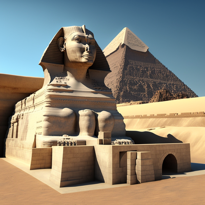 pyramide de Khéops et Sphinx de Gizeh, soleil à midi, photoréaliste